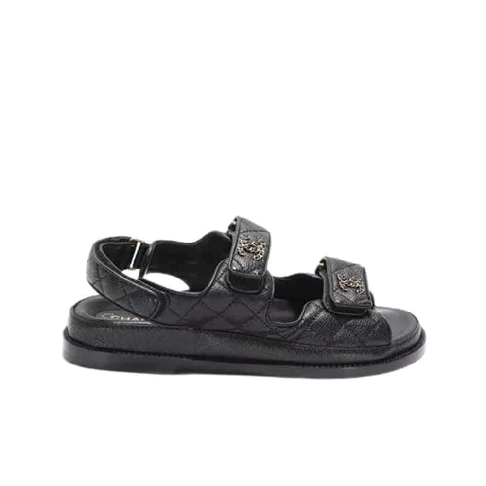 CHANEL CC BUTTON VELCRO BLACK SANDALS GRAINED CALFSKIN LEATHER