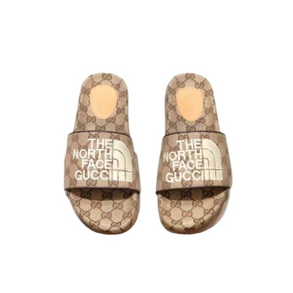 GUCCI X THE NORTH FACE WOMEN’S SLIDES BEIGE AND BROWN
