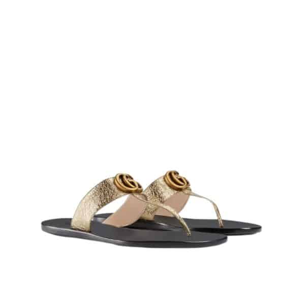 GUCCI DOUBLE G THONG LEATHER METALLIC GOLD ‎497444 0B7N0 7100