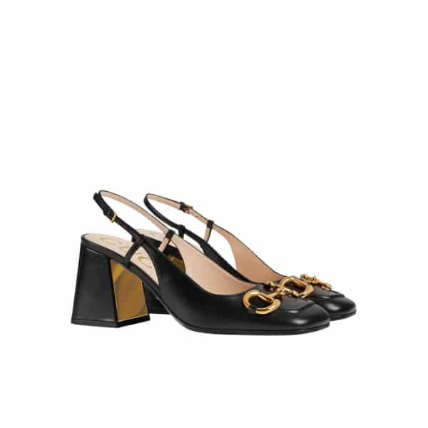 GUCCI WOMEN'S MID HEEL SLINGBACK WITH HORSEBIT BLACK ‎643892 C9D00 1000