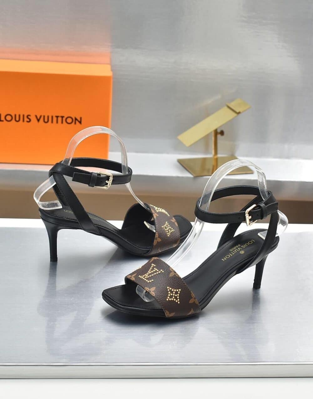 LOUIS VUITTON OPEN TOE HIGH HEEL SANDALS BLACK MONOGRAM - Image 6