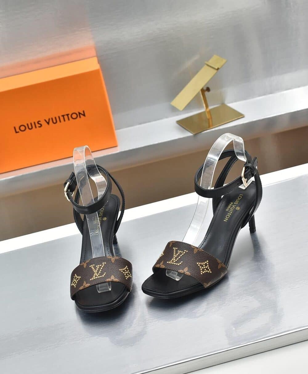 LOUIS VUITTON OPEN TOE HIGH HEEL SANDALS BLACK MONOGRAM - Image 5