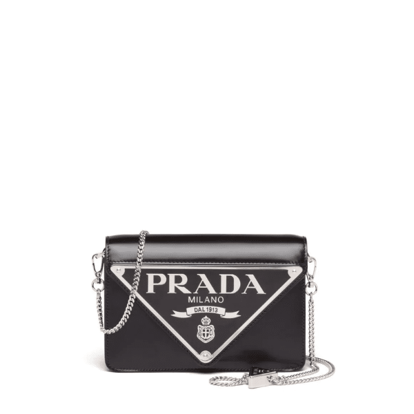 PRADA BRUSH LEATHER TRIANGLE LOGO CHAIN CLUTCH BAG BLACK 17CM 1BH189 ZO6 F0PG7 V 5KO