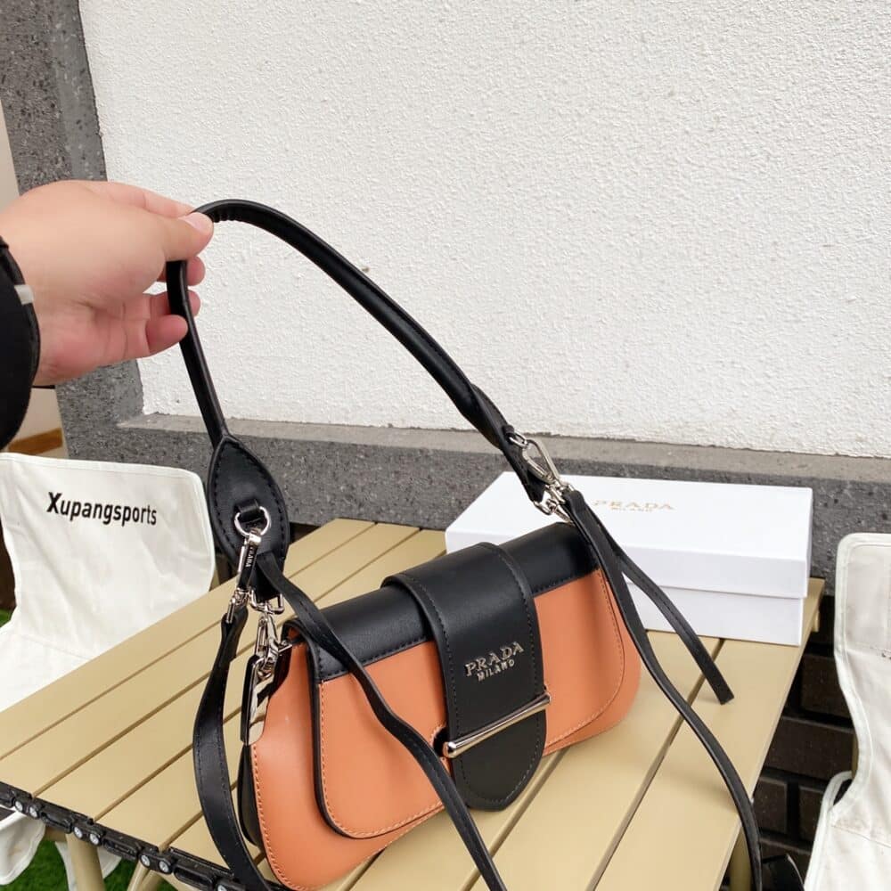 PRADA CITY CALFSKIN SIDONIE SHOULDER BAG BROWN AND BLACK 28CM 1BD168 - Image 10