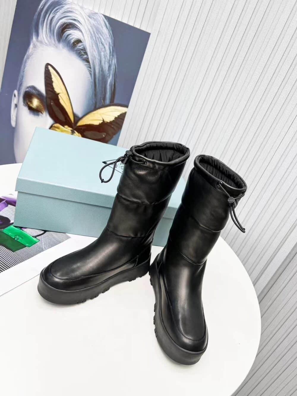 PRADA BLACK LEATHER PADDED BOOTS WITH DRAWSTRING - Image 4