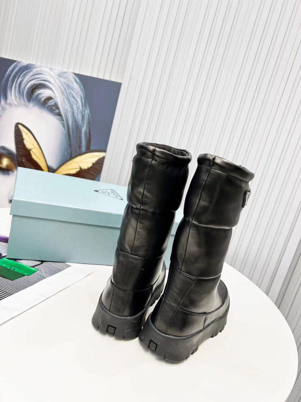 PRADA BLACK LEATHER PADDED BOOTS WITH DRAWSTRING - Image 7