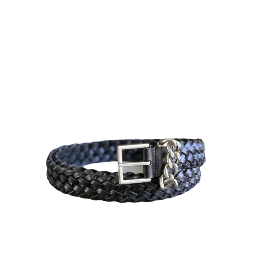 SAINT LAURENT GENUINE LEATHER UNIVERSAL BLACK AND SILVER BELT