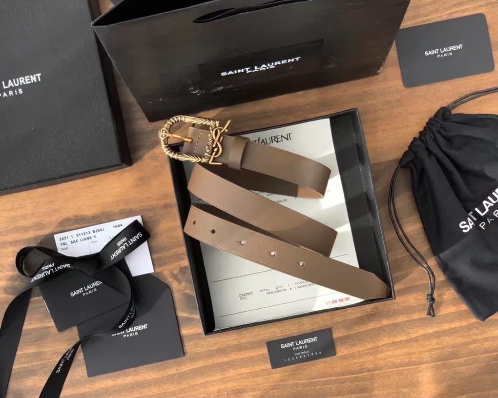 SAINT LAURENT MONOGRAM CELTIC LEATHER BROWN AND GOLD BELT 0400017970125 - Image 2