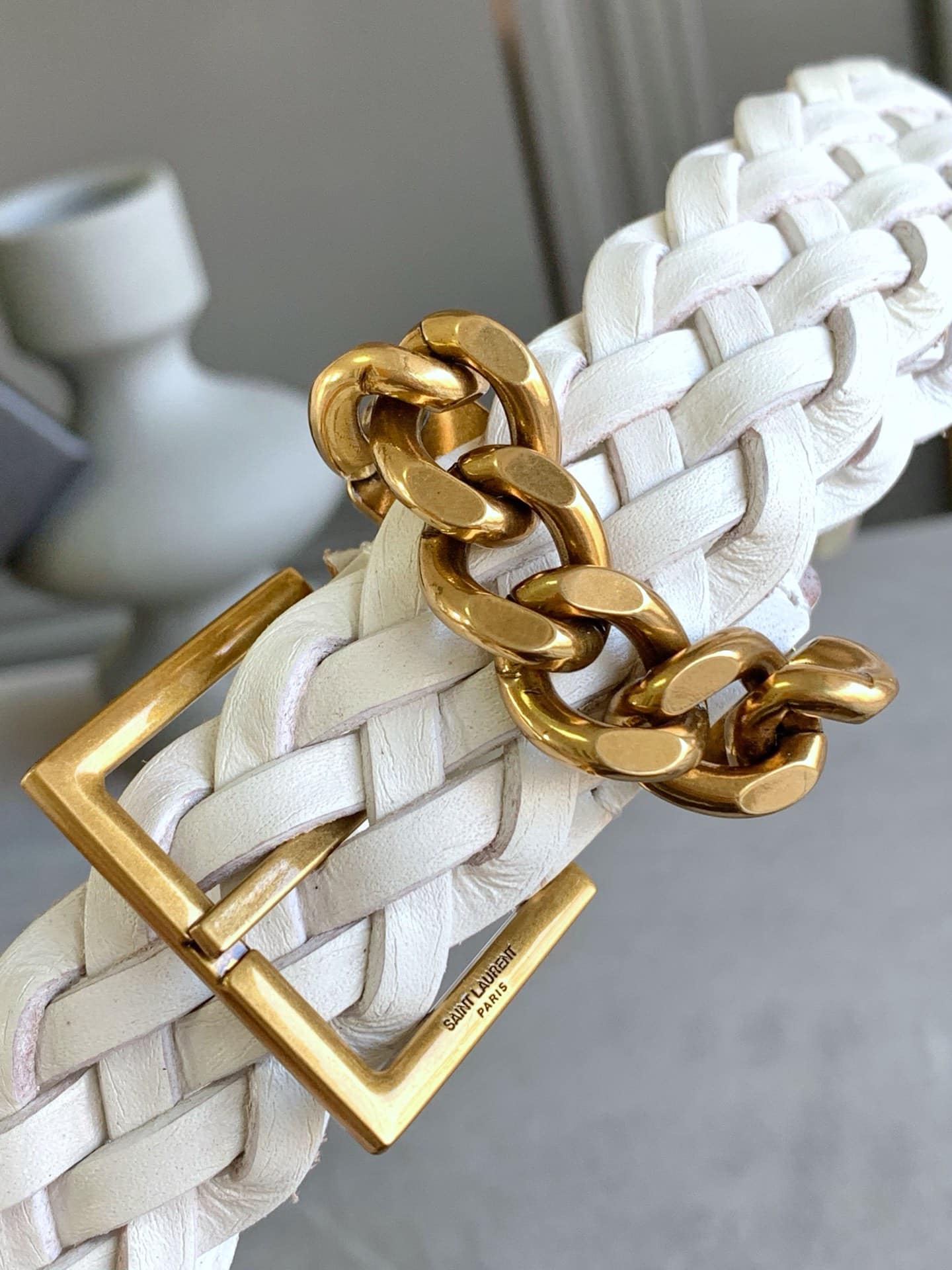 SAINT LAURENT GENUINE LEATHER UNIVERSAL WHITE AND GOLD BELT - Image 4