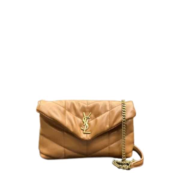 SAINT LAURENT PUFFER TOY BAG IN QUILTED LIGHT BROWN 26CM