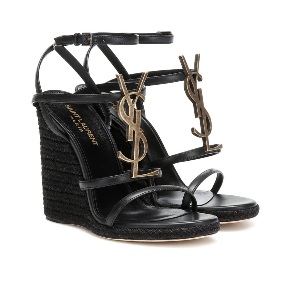 SAINT LAURENT CASSANDRA 115 LEATHER AND RAFFIA WEDGE BLACK SANDALS