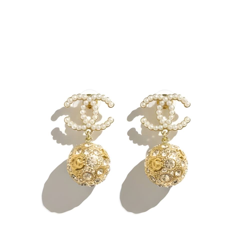 Chanel New Cc Gold Ball Crystal Pearl Drop Earrings