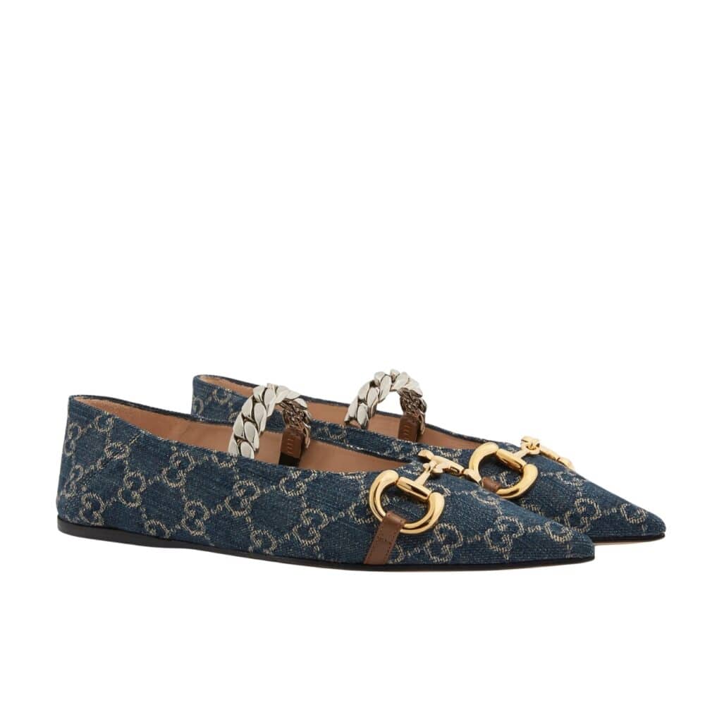 GUCCI WOMEN'S GG HORSEBIT BALLET FLAT DENIM 635101 2KQ80 4462