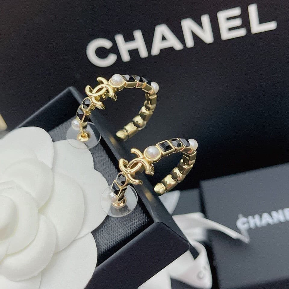 CHANEL GOLD & BLACK METAL HOOP EARRINGS
