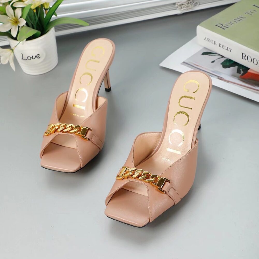 GUCCI CHAIN STILETTO HEELS FLIP FLOP FISH MOUTH MULE SANDALS PATEL PINK - Image 6