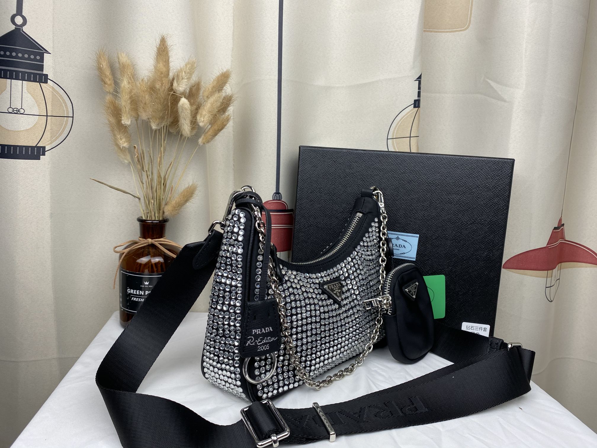 PRADA RE EDITION 2005 SATIN BAG WITH CRYSTALS 23CM 1BH204 2AWL F0T7O V V9L - Image 3