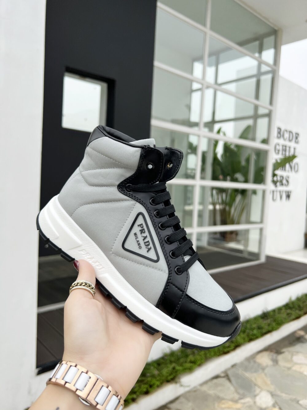 PRADA PRAX 01 RE NYLON AND BRUSHED LEATHER SNEAKERS GREY - Image 6