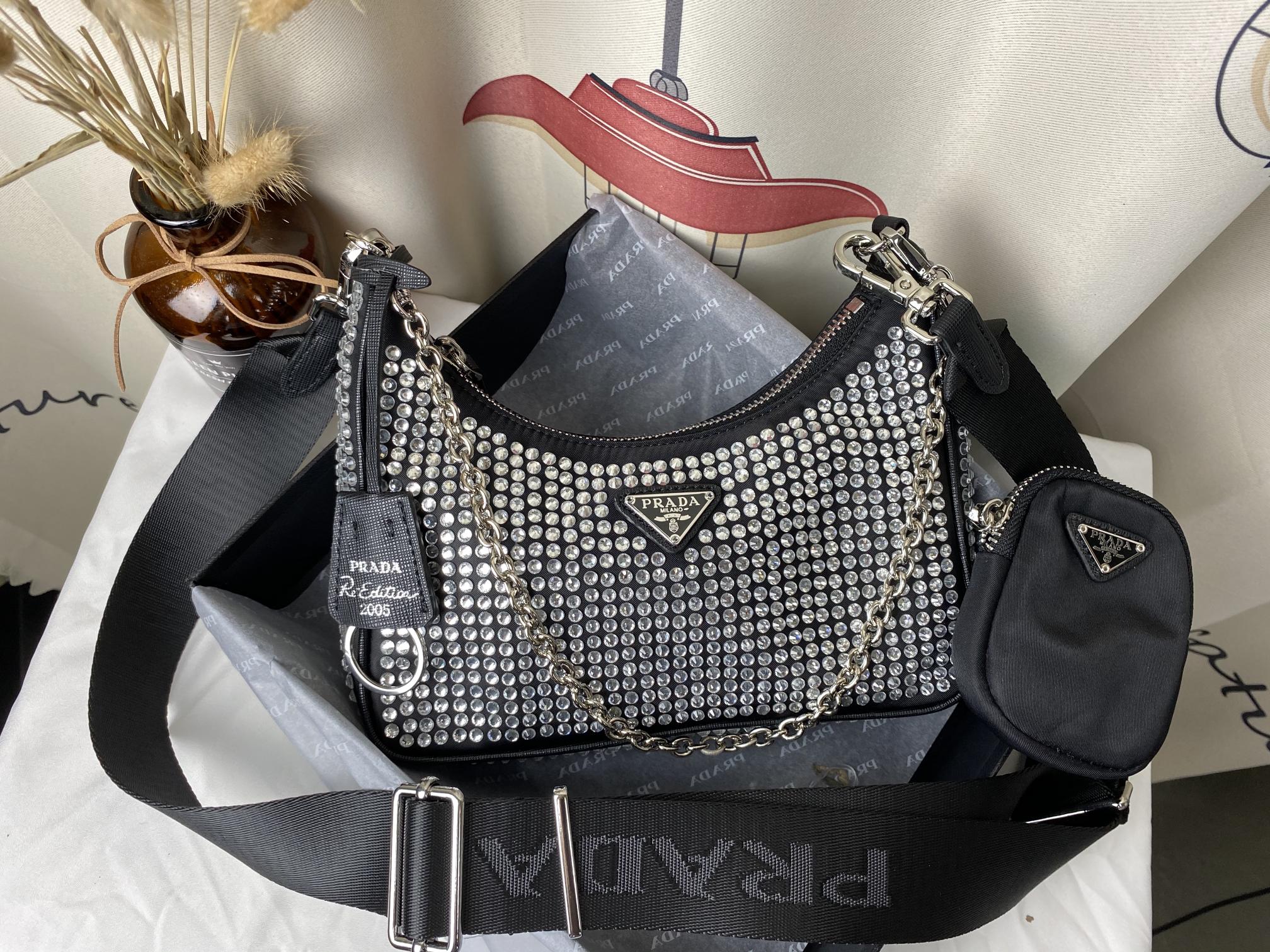 PRADA RE EDITION 2005 SATIN BAG WITH CRYSTALS 23CM 1BH204 2AWL F0T7O V V9L - Image 7