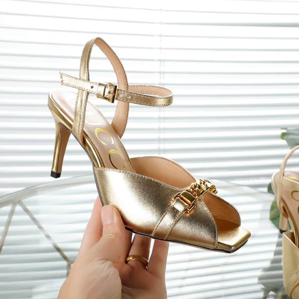GUCCI METAL CHAIN STILETTO HEELS FLIP FLOP FISH MOUTH SANDALS GOLD - Image 7