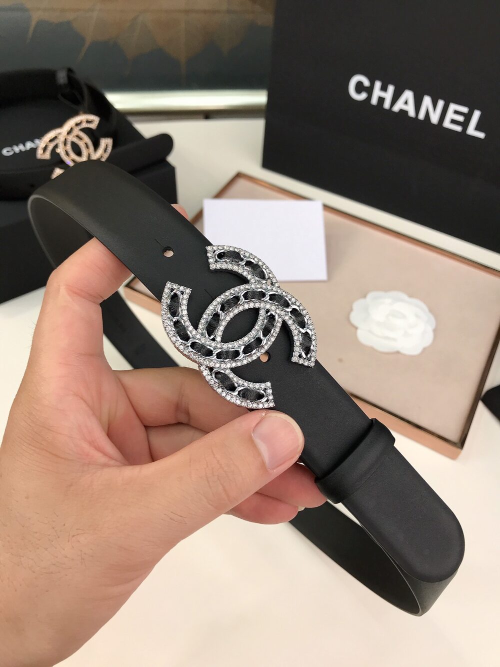 Alternative view of CHANEL GLASS PEARLS CRYSTAL SILVER BLACK BELT 28MM