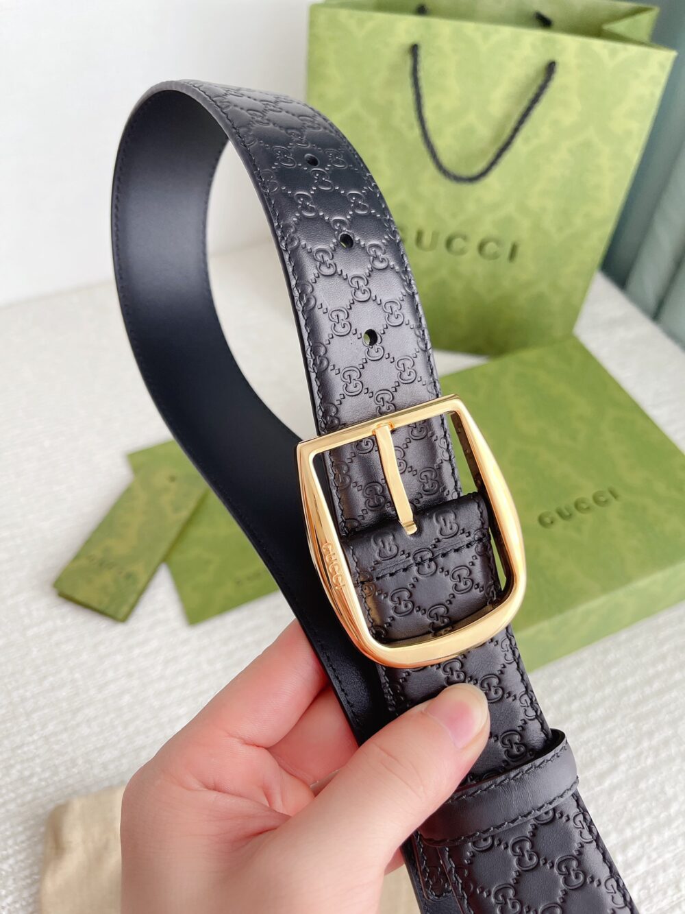 GUCCI CALFSKIN MONOGRAM BLACK BELT GOLD METAL 4CM - Image 4