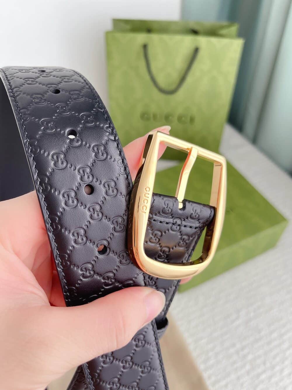 GUCCI CALFSKIN MONOGRAM BLACK BELT GOLD METAL 4CM - Image 3