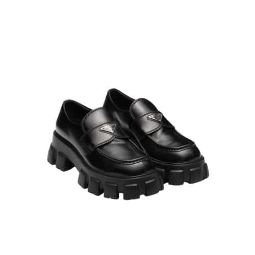 PRADA MONOLITH BRUSHED BLACK LEATHER LOAFERS 2DE129B4LF0002