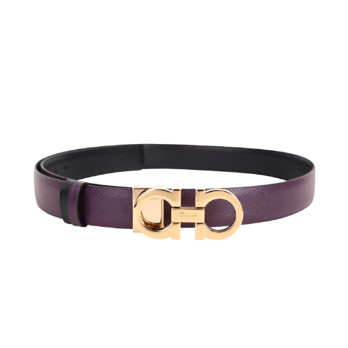 SALVATORE FERRAGAMO GANCINI PLUM RED LEATHER BELT WITH GOLD METAL BUCKLE 2.5CM