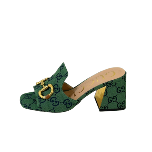 GUCCI WOMEN’S SLIDE MONOGRAM SANDAL WITH HORSEBIT GREEN