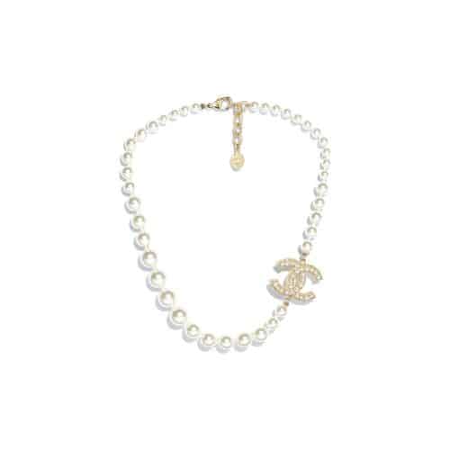 CHANEL METALLIC SILVER TONE COCO FAUX PEARL CC NECKLACE