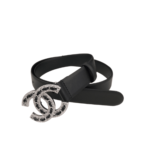 CHANEL GLASS PEARLS CRYSTAL SILVER BLACK BELT 28MM