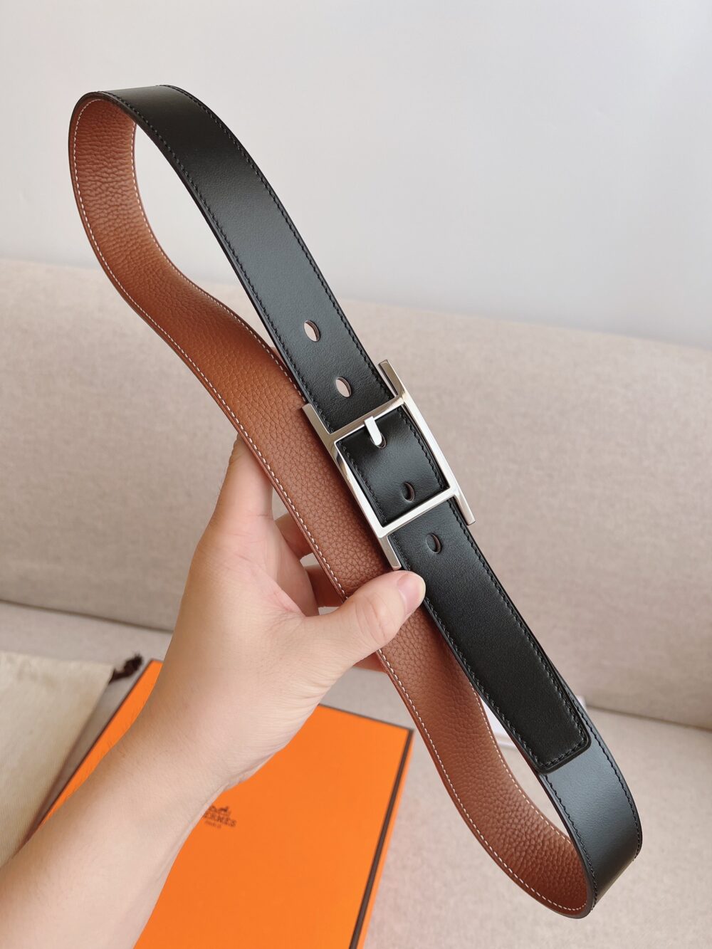 Alternative view of HERMES QUENTIN REVERSIBLE BELT BROWN SILVER METAL 32MM