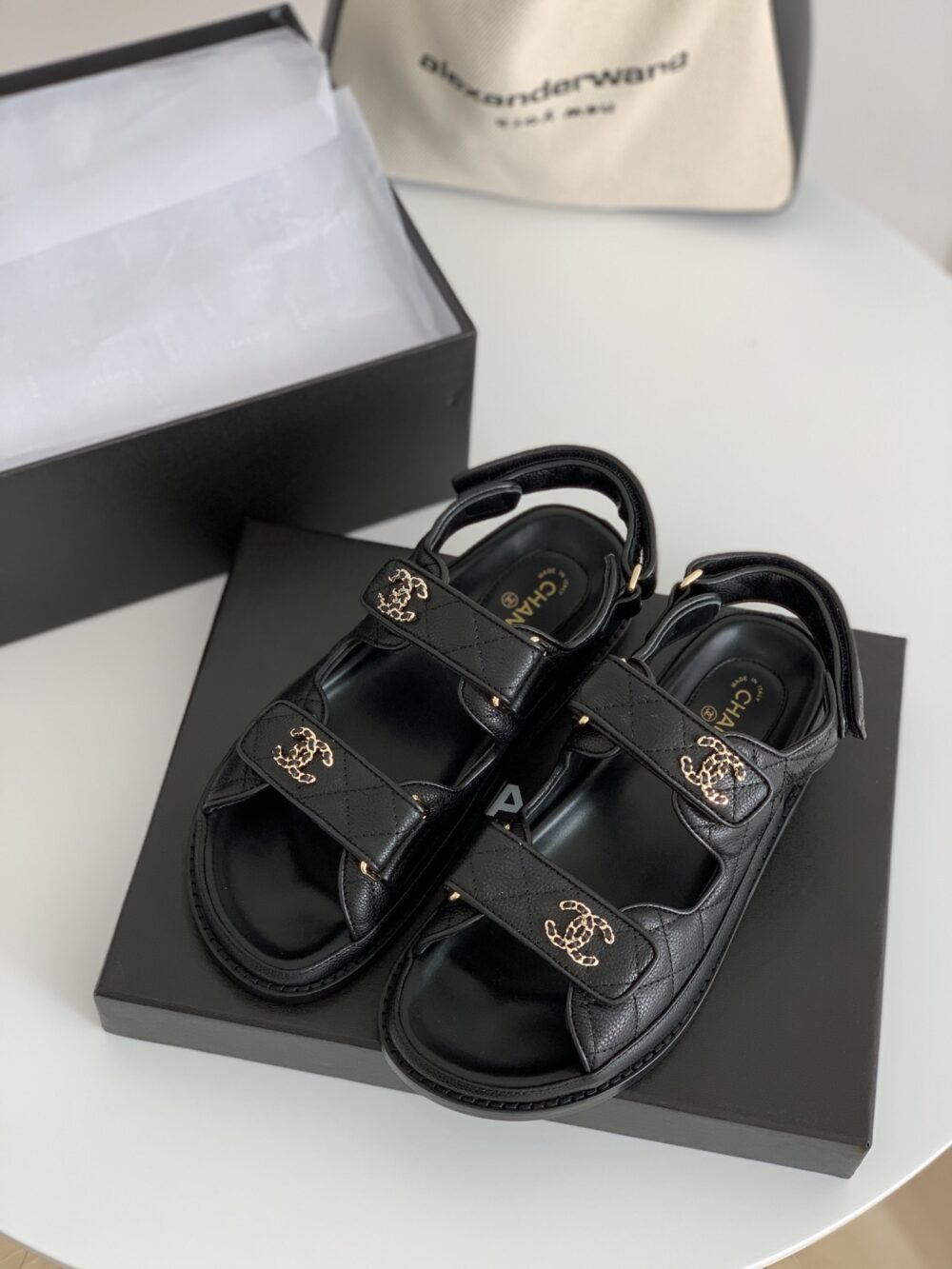 CHANEL CC BUTTON VELCRO BLACK SANDALS GRAINED CALFSKIN LEATHER - Image 5
