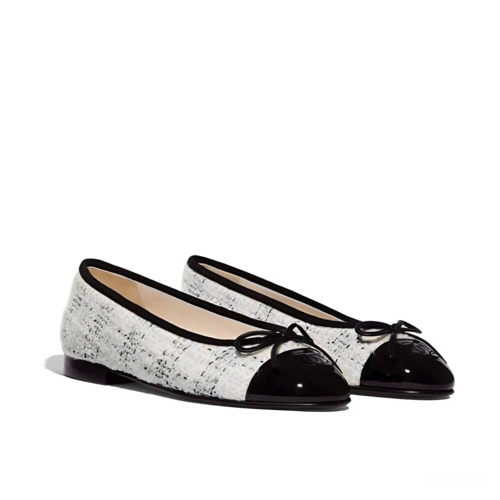 CHANEL BALLERINA FLATS TWEED AND PATENTS WHITE BLACK