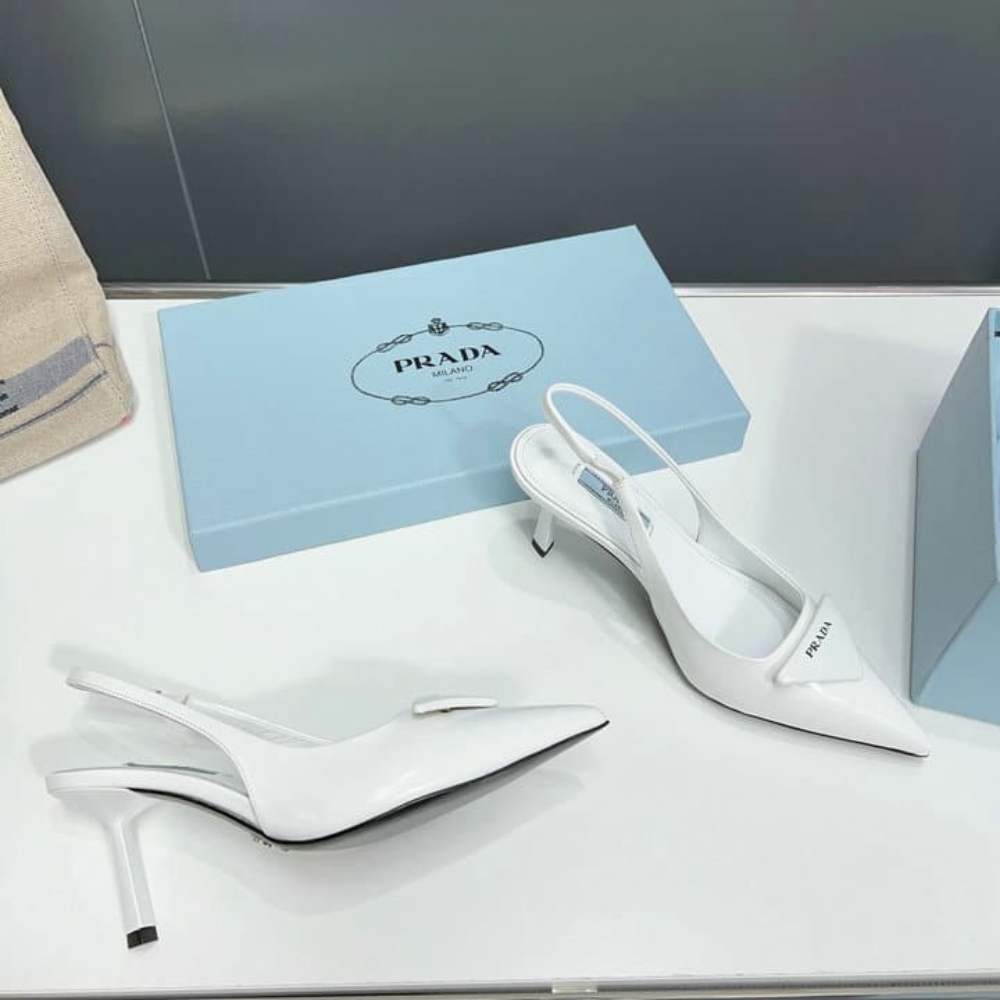 Prada Brushed Leather Slingback Pumps White 1I901M 055 F0009 F 075 - Image 7