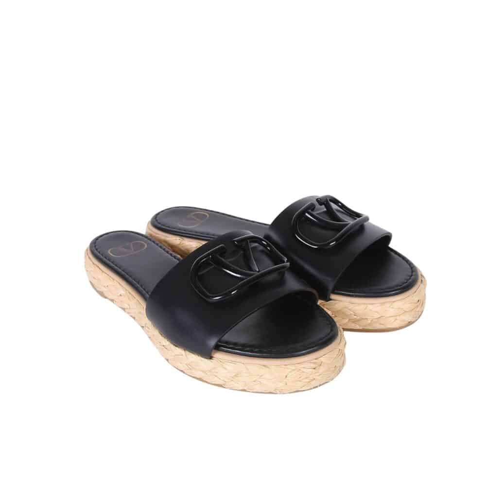 VALENTINO GARAVANI VLOGO LEATHER ESPADRILLE SLIDES BLACK