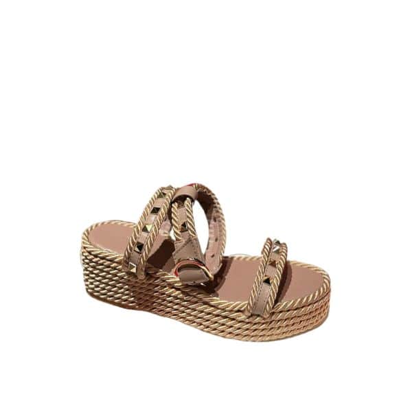 VALENTINO GARAVANI ROCKSTUD LEATHER WEDGE SANDALS BEIGE