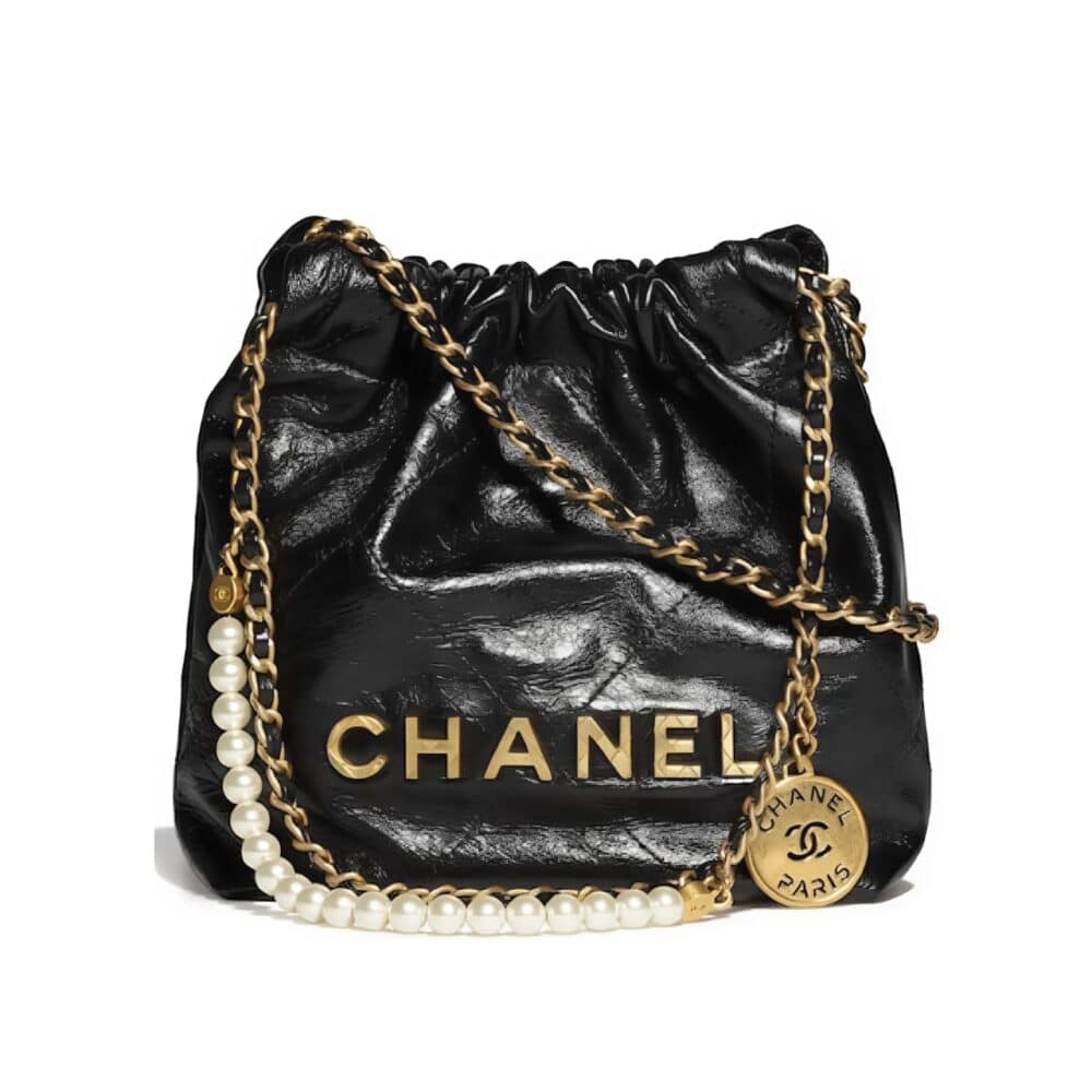 CHANEL 22 MINI HANDBAG SHINY CRYSTAL PEARLS GOLD TONE METAL BLACK 22CM AS3980 B10672 94305