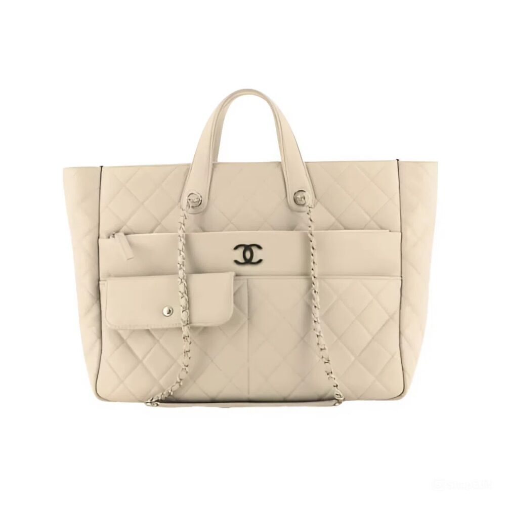 CHANEL 20C ULTRA POCKET TOTE BAG QUILTED BEIGE LEATHER 37CM