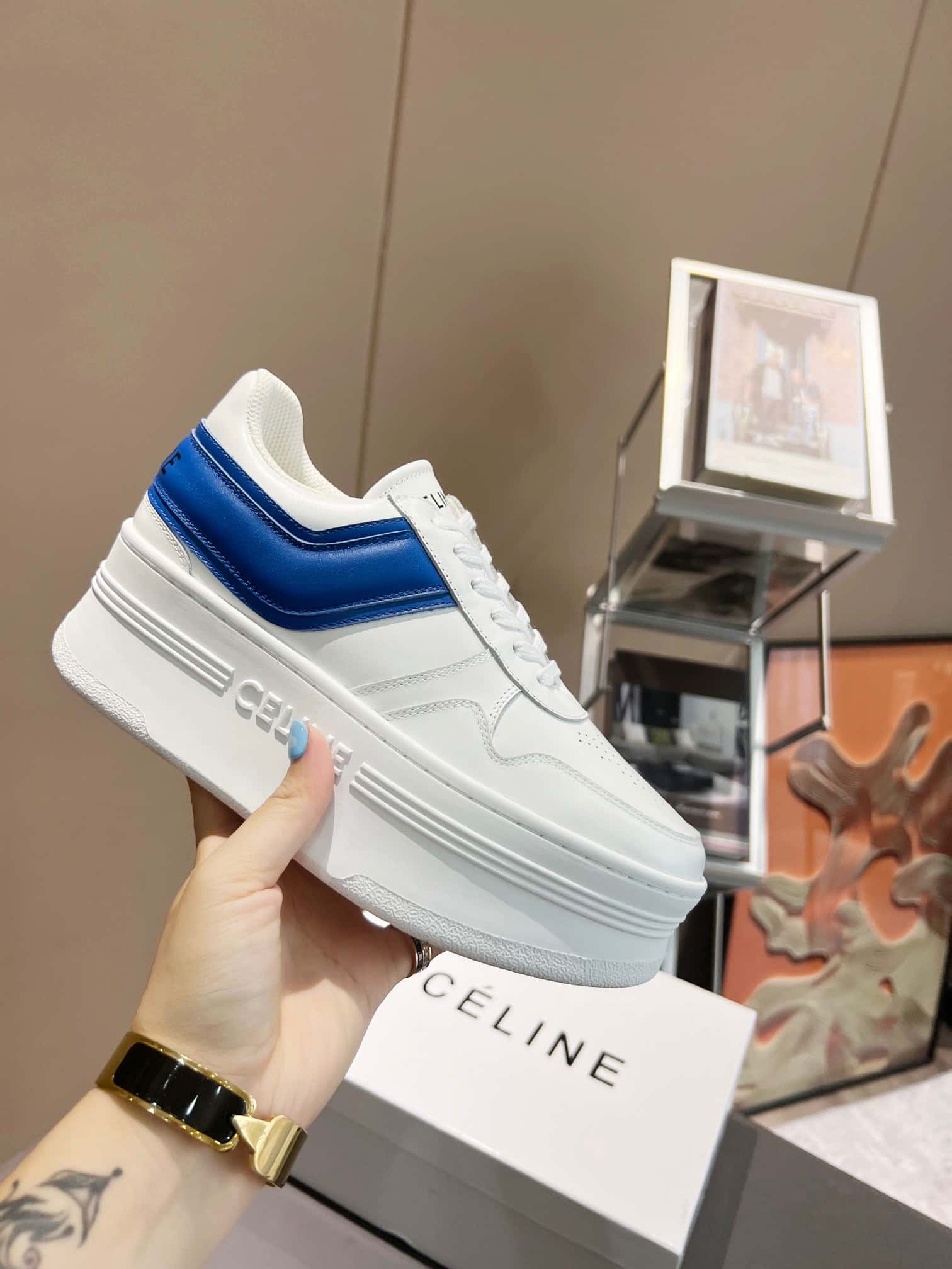 CELINE BLOCK SNEAKER WITH WEDGE IN CALFSKIN OPTIC WHITE BLUE 346163338C01UB - Image 2