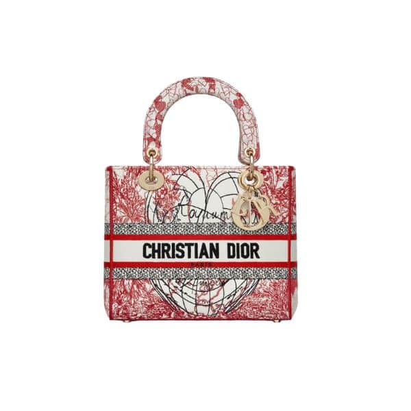 DIOR MEDIUM LADY D LITE BAG RED AND WHITE D ROYAUME D'AMOUR EMBROIDERY 24CM