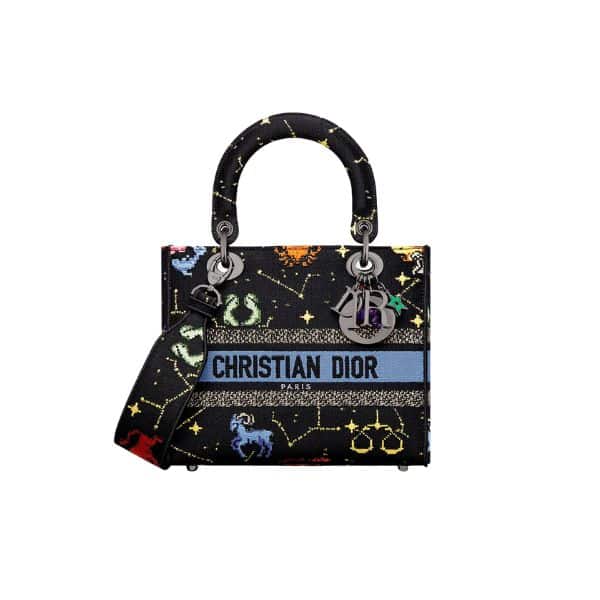DIOR MEDIUM LADY D-LITE BAG BLACK MULTICOLOR DIOR PIXEL ZODIAC EMBROIDERY 24CM