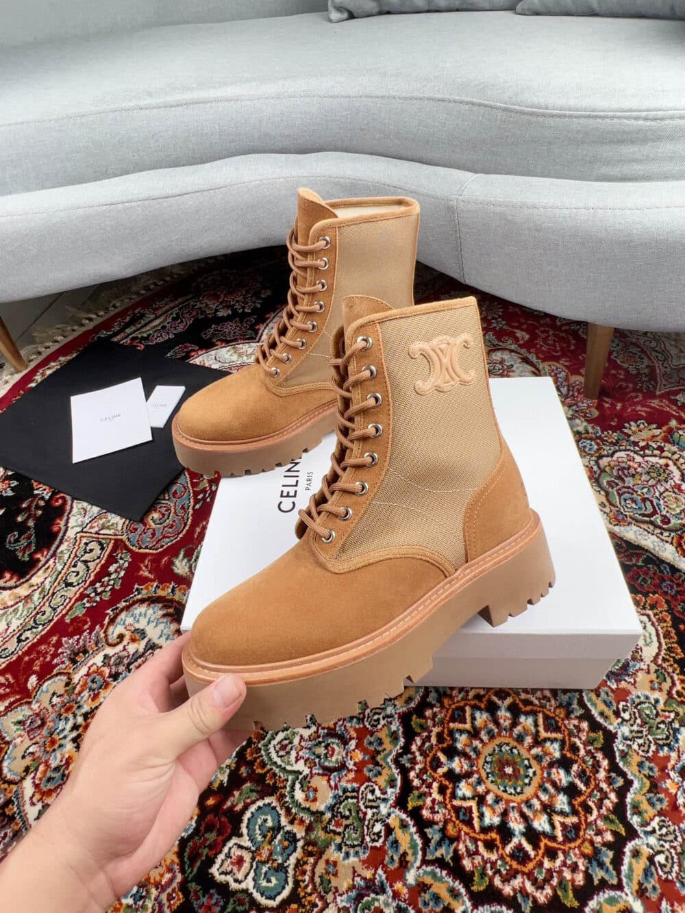 Alternative view of CELINE BULKY LACE UP BOOT WITH TRIOMPHE IN NYLON SUEDE CALFSKIN DARK BEIGE 354657005C04DB