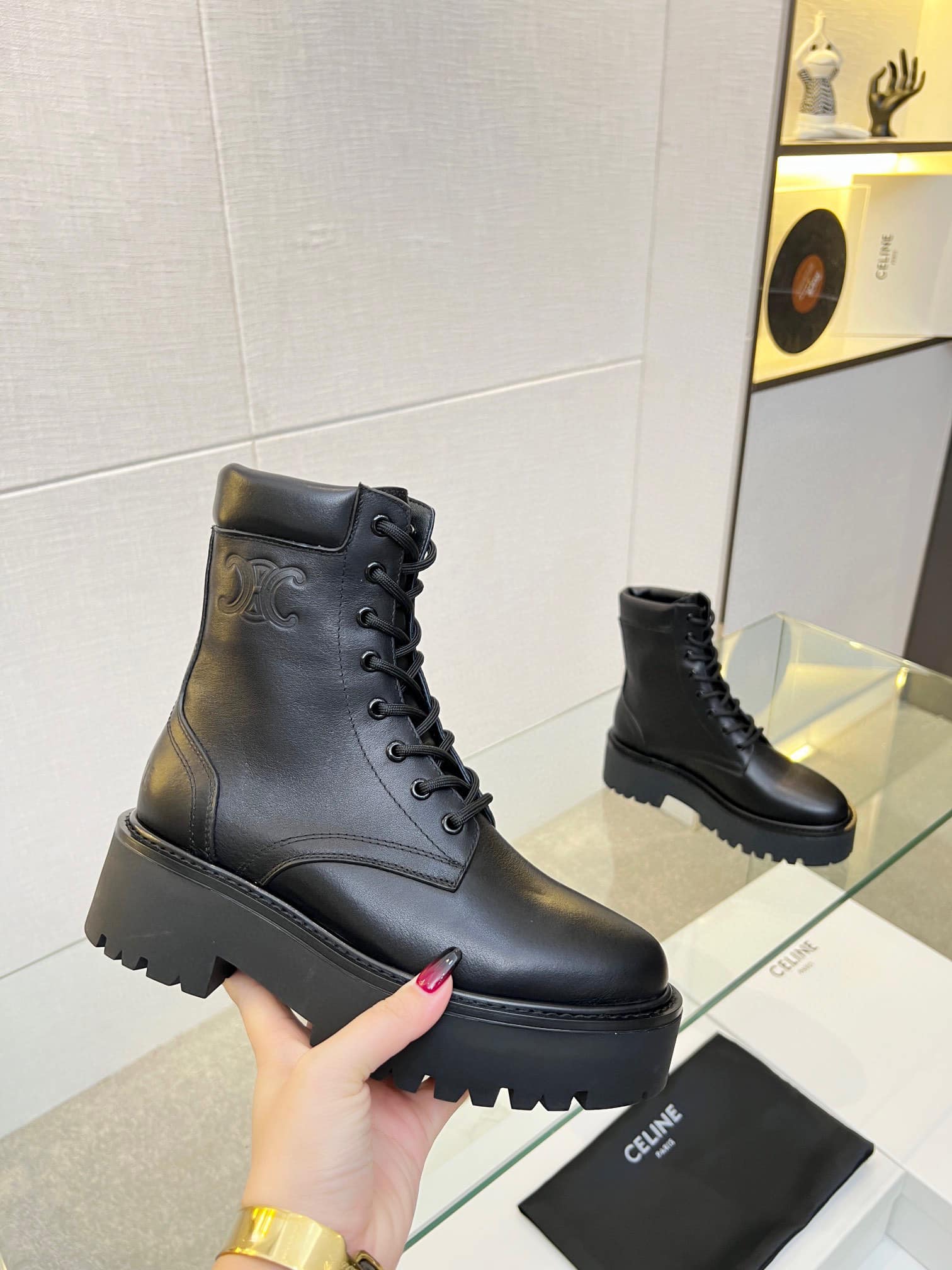 CELINE LACE UP BOOT WITH TRIOMPHE CELINE BULKY IN CALFSKIN BLACK - Image 3