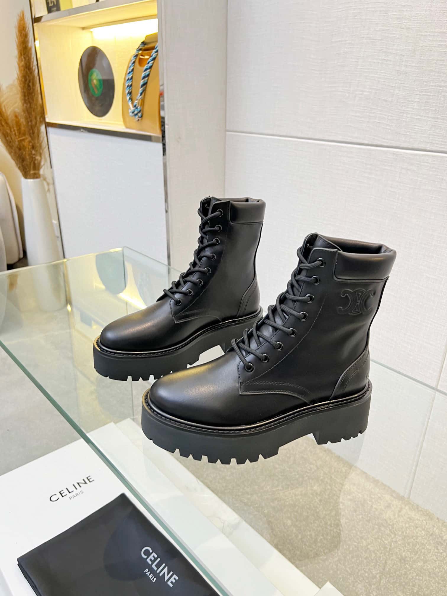 CELINE LACE UP BOOT WITH TRIOMPHE CELINE BULKY IN CALFSKIN BLACK - Image 2
