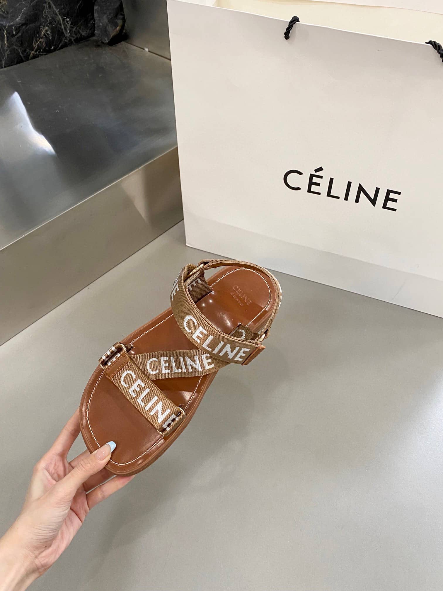 CELINE LEO STRAPPY SANDAL IN WOOL WITH CELINE JACQUARD LIGHT BEIGE 348532227C02EH - Image 5