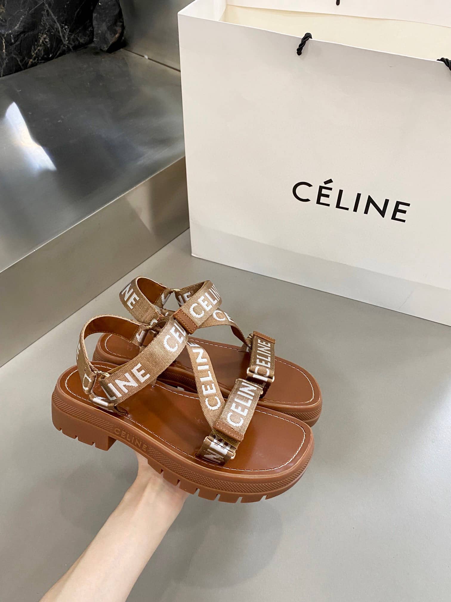 CELINE LEO STRAPPY SANDAL IN WOOL WITH CELINE JACQUARD LIGHT BEIGE 348532227C02EH - Image 3