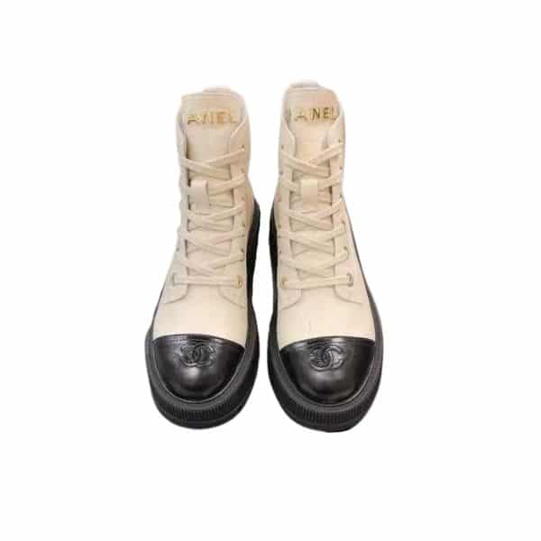 CHANEL CC LACE UP BOOT WHITE BLACK