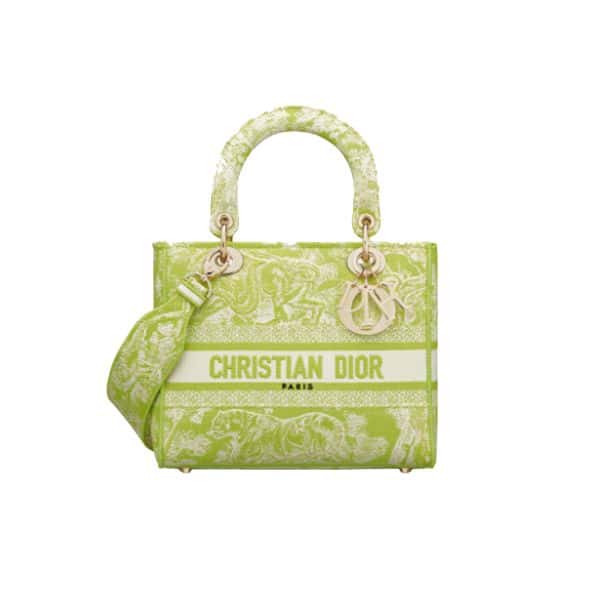 DIOR MEDIUM LADY D LITE TOILE DE JOUY REVERSE EMBROIDERED GREEN 24CM