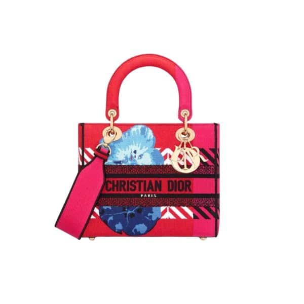 DIOR MEDIUM LADY D LITE BAG BRIGHT PINK MULTICOLOR D FLOWER POP EMBROIDERY 24CM M0565OROO M885